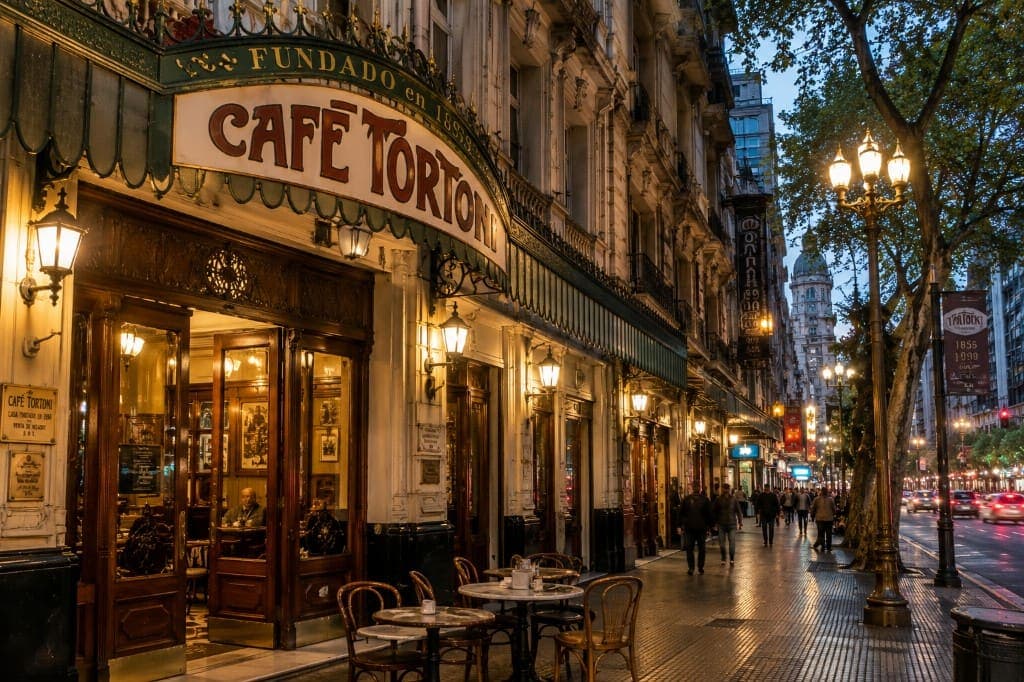 Fachada iluminada del Café Tortoni sobre Avenida de Mayo al atardecer